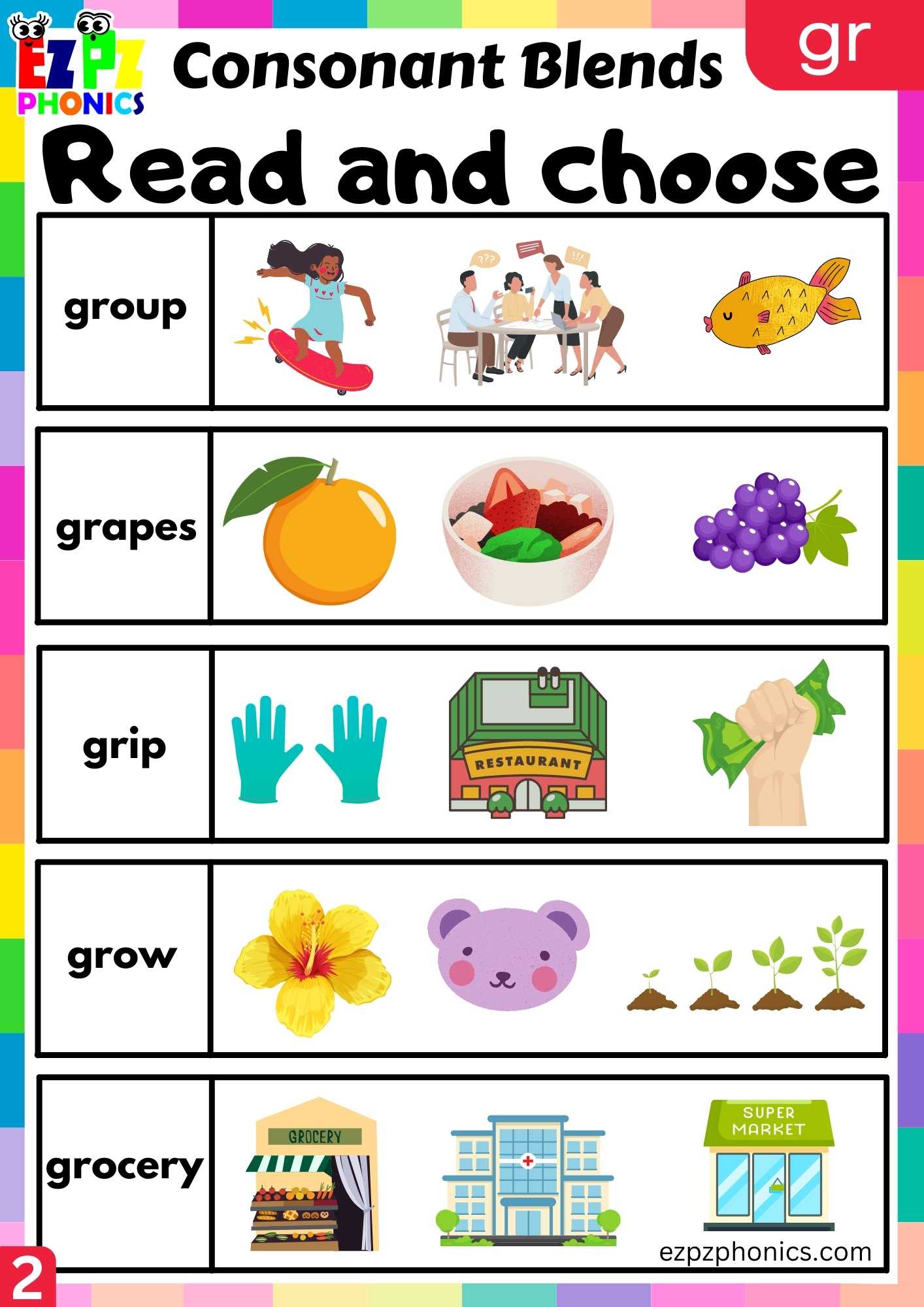 Group2 GR Words Read And Choose Phonics Consonant Blends Worksheet